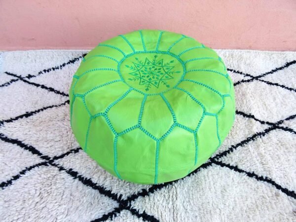 light kelly green leather-pouf with top embroidery- Best apartment Moroccan decor - Ottomans Poufs - Footstool poufs - 100% handmade - Unstuffed leather poof - Image 2