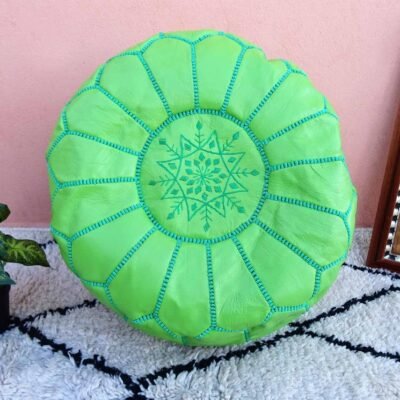 Handcrafted Moroccan Goat Leather Pouf – Light Kelly Green Embroidered Footstool