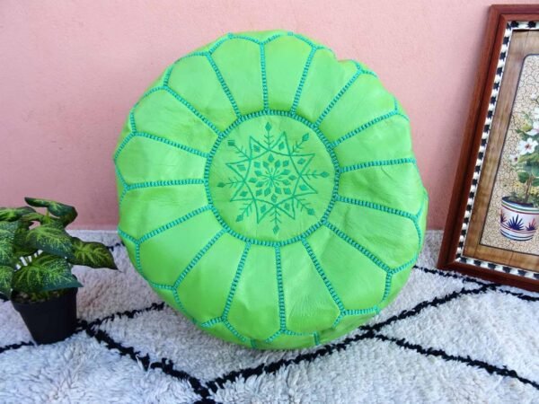 light kelly green leather-pouf with top embroidery- Best apartment Moroccan decor - Ottomans Poufs - Footstool poufs - 100% handmade