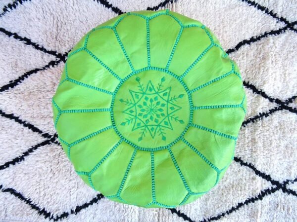 light kelly green leather-pouf with top embroidery- Best apartment Moroccan decor - Ottomans Poufs - Footstool poufs - 100% handmade - Unstuffed leather poof - Image 5