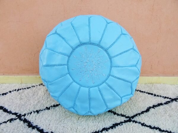 Light blue Moroccan pouf - Best apartment decor - Ottomans Poufs - Footstool poufs - 100% handmade - Unstuffed leather poof - Image 3