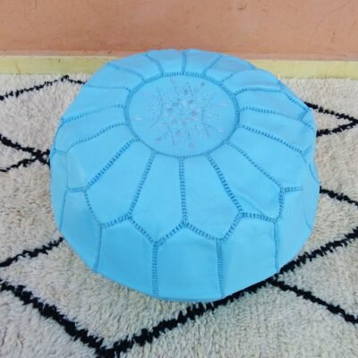 Genuine Moroccan Goat Leather Pouf Ottoman – Light Blue Unstuffed Footstool
