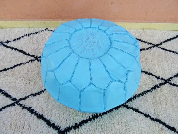 Light blue Moroccan pouf - Best apartment decor - Ottomans Poufs - Footstool poufs - 100% handmade - Unstuffed leather poof - Image 2
