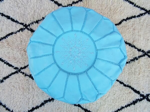Light blue Moroccan pouf - Best apartment decor - Ottomans Poufs - Footstool poufs - 100% handmade - Unstuffed leather poof - Image 4