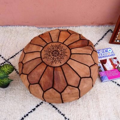 Genuine Moroccan Oiled Brown Leather Pouf – Vintage Hand-Stitched Boho Footrest