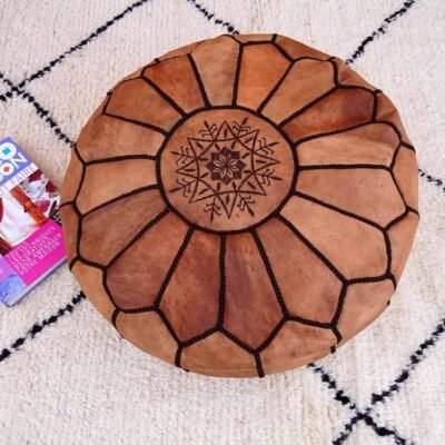 Genuine Moroccan Oiled Brown Leather Pouf – Vintage Hand-Stitched Boho Footrest