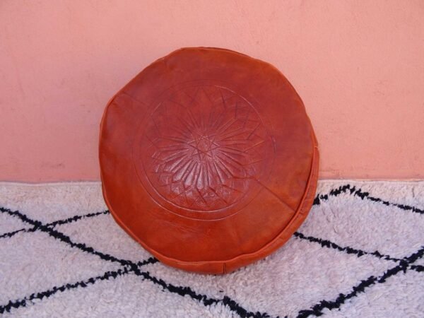 Small Cognac Moroccan pouf - decor home - Ottomans Poufs Brown Color - Footstool Poufs - 100% handmade - leather poof - Image 3