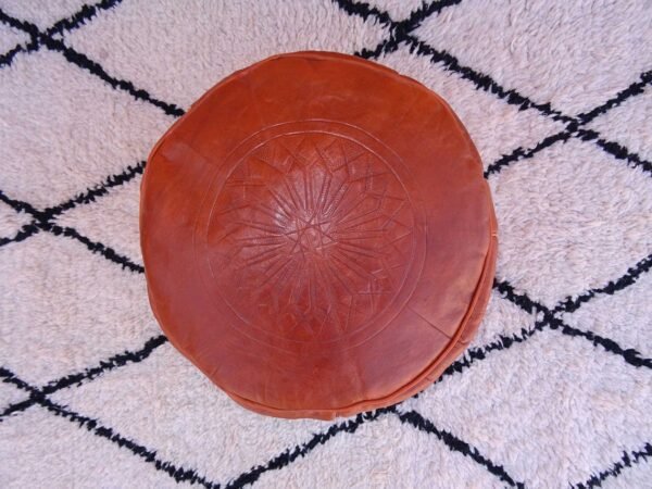 Small Cognac Moroccan pouf - decor home - Ottomans Poufs Brown Color - Footstool Poufs - 100% handmade - leather poof - Image 2