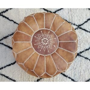 Leather Moroccan Pouf – Tan pouf – Ottoman Footstool – Natural Leather pouffe – floor pouf – handmade pouf