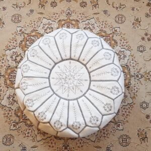 White leather pouf with top embroidery in Gray, white moroccan pouf, luxury ottomans footstools, Leather pouf, handmade Pouf