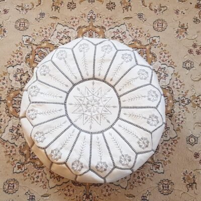 White leather pouf with top embroidery in Gray, white moroccan pouf, luxury ottomans footstools, Leather pouf, handmade Pouf