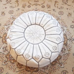 White leather pouf with top embroidery in Gray, white moroccan pouf, luxury ottomans footstools, Leather pouf, handmade Pouf
