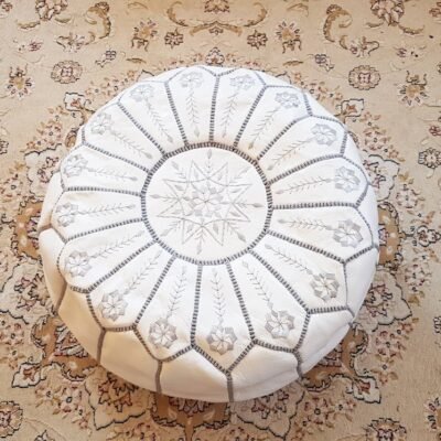 White leather pouf with top embroidery in Gray, white moroccan pouf, luxury ottomans footstools, Leather pouf, handmade Pouf