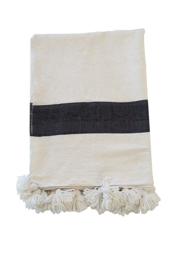 White and black moroccan handwoven blankets with Pom-Pom weaved by hand in Marrakech - Image 2