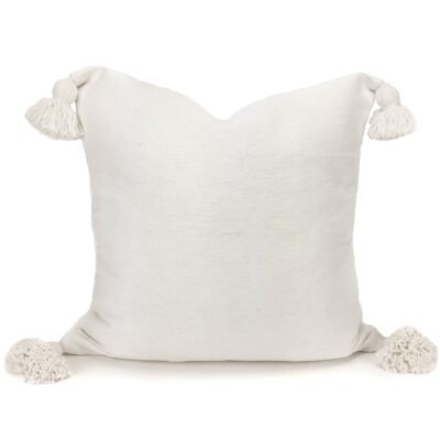 Coussin marocain blanc tissé à la main avec pompons réalisés à la main à Marrakech