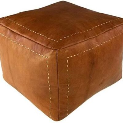 Handcrafted Moroccan Square Leather Pouf – Genuine Goatskin Ottoman Footstool