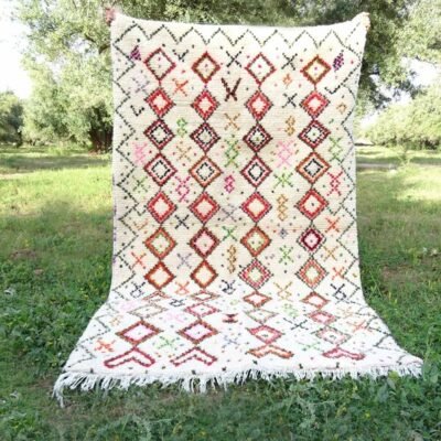 Handcrafted Moroccan Wool Area Rug – Colorful Berber Geometric Carpet (7.4×4.5 Ft)