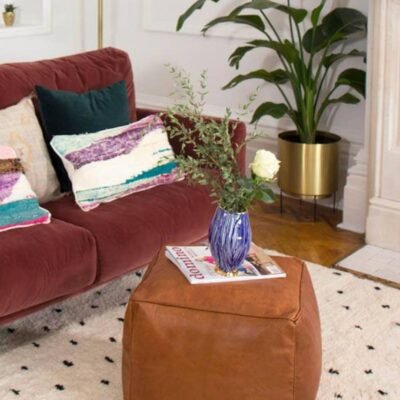 Handcrafted Moroccan Square Leather Pouf – Genuine Goatskin Ottoman Footstool