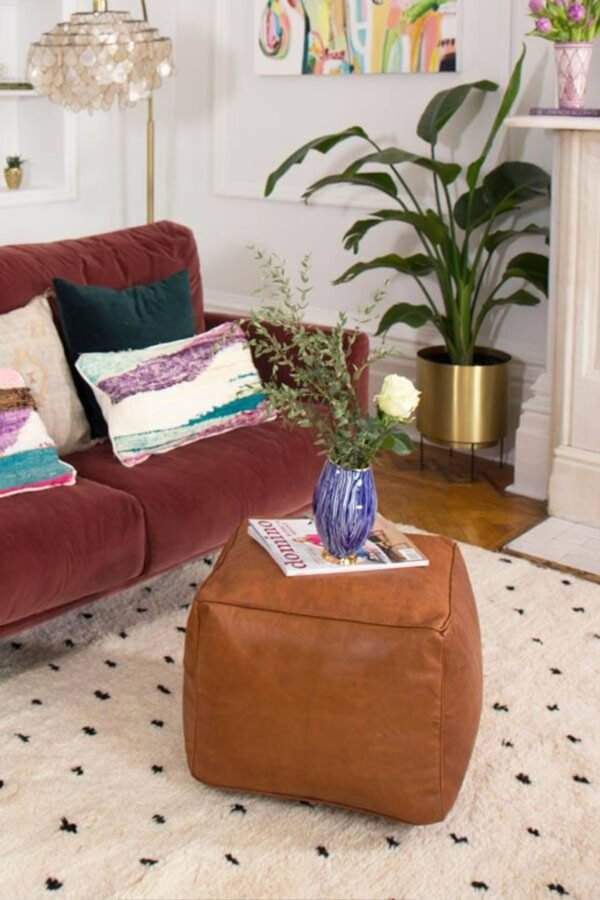 Moroccan Square Leather Pouf Ottoman, Unstuffed Square Floor Cushion Footstool