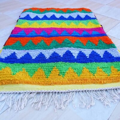 Tapis Kilim Boucherouite coloré Azilal fait main, dimensions 3.3×2.2 pieds