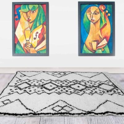 Handmade Azilal White & Black Berber Rug – Modern Minimalist Boho Accent Rug