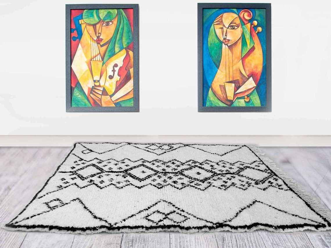 Handmade Azilal Wool White And Black Area Rug