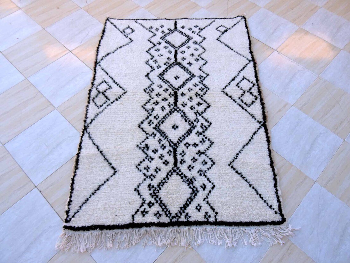 Handmade Azilal Wool White And Black Area Rug – Image 3