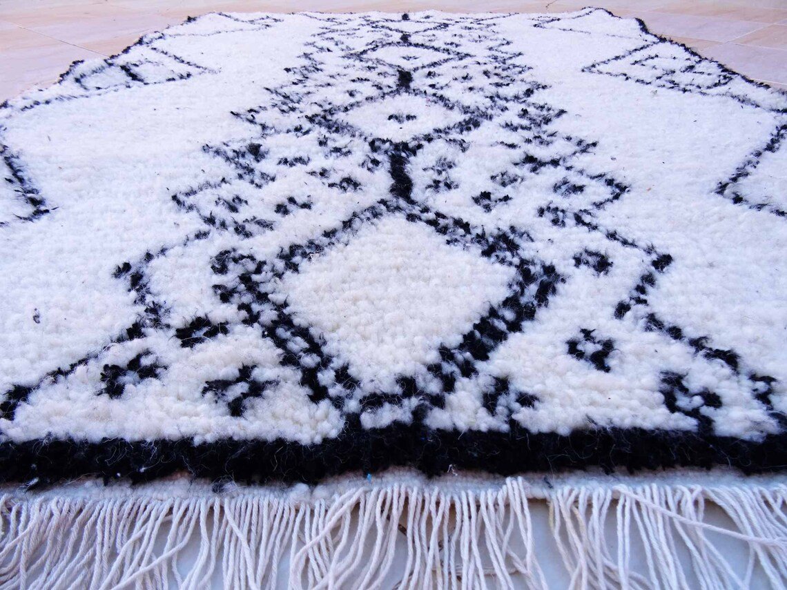 Handmade Azilal Wool White And Black Area Rug – Image 5