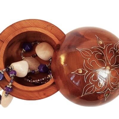 Round Wooden Box Decorated With Metal And Shells