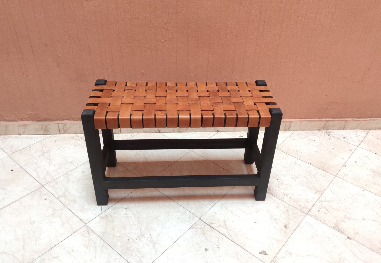 Artisan Brown Cowhide Leather Bench for Living Room & Entryway - Image 4