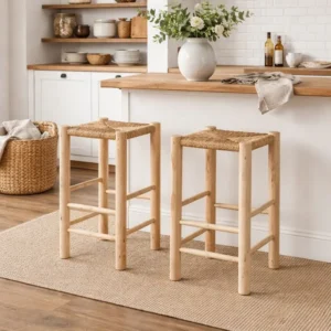 Handcrafted stool in natural wood and palm leaves