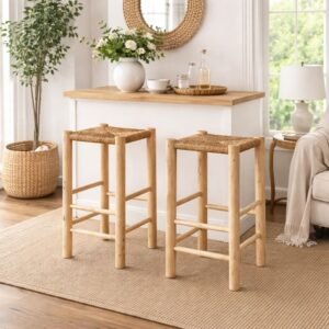 Handcrafted stool in natural wood and palm leaves