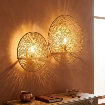 Round Handwoven Raffia Wall Sconces